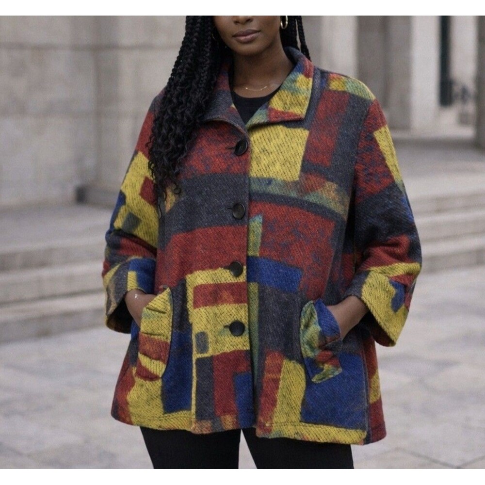 ali miles Art To Wear Patchwork 3/4 Sleeve Button Jacket Coat Sz Large
